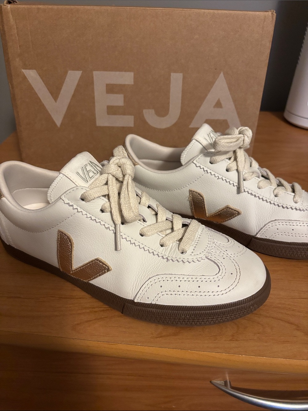 Veja White Volley O.T Leather White Platine Bark Sneakers with Gold V Logo